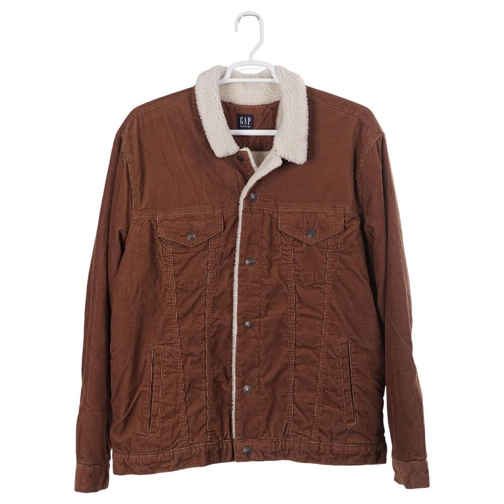 Gap Trucker Jacket Men XXL Brown Corduroy Sherpa Lined Snap Button
